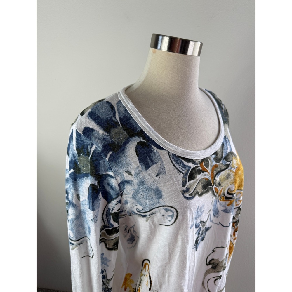 Chicos Women Large White Floral Paisley Slub Knit Scoop Neck Smocked Cuff Top - Picture 2 of 10